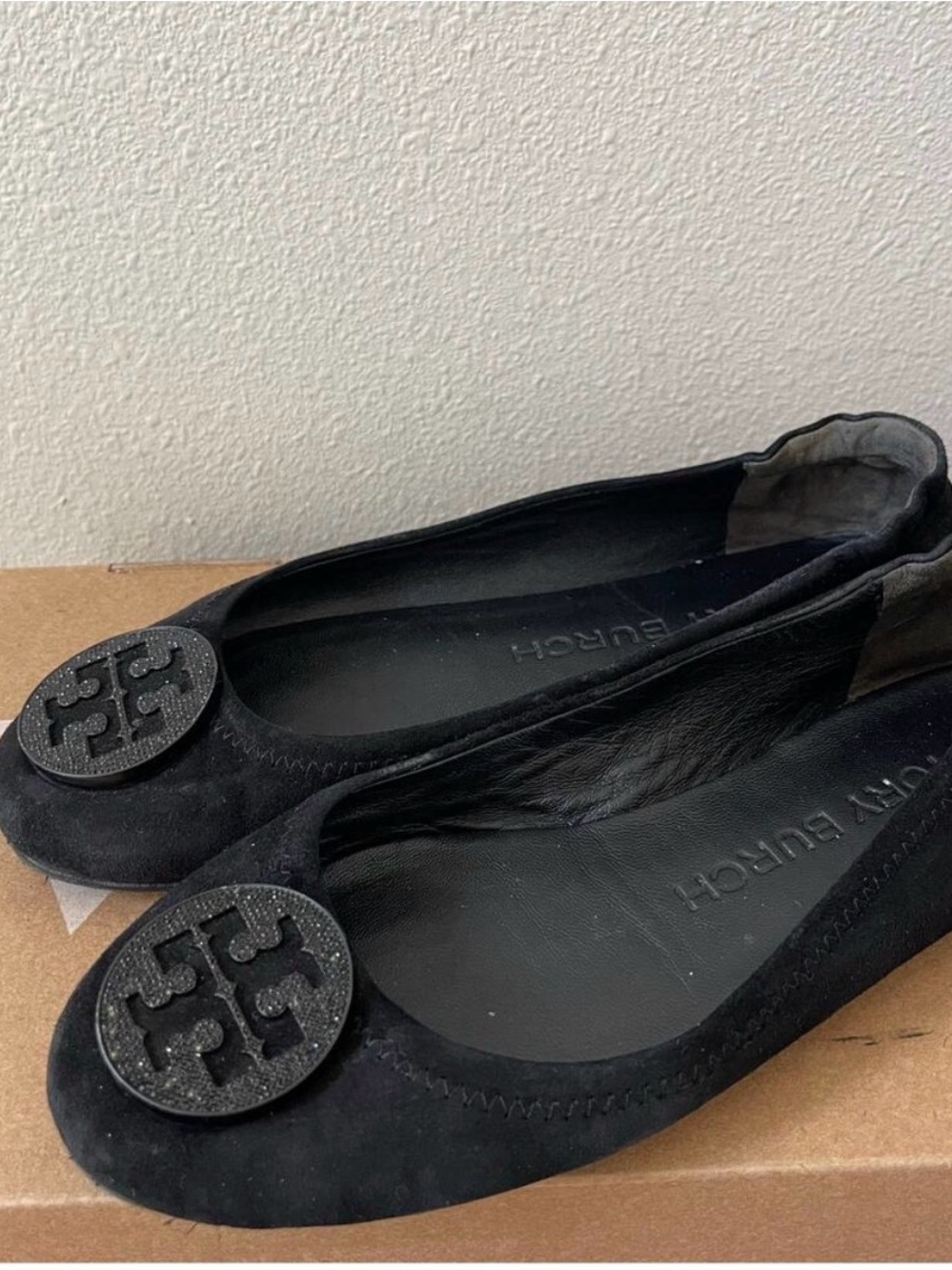 Tory Burch Black Minnie Suede Pave Medallion Flats (6)